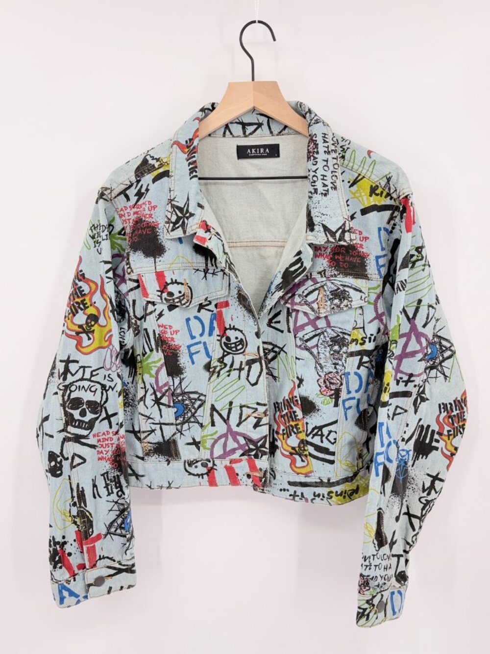 AKIRA Graffiti Print Cropped Denim Jacket Women's Large L EUC Punk Rock Streetwe - Picture 2 of 7